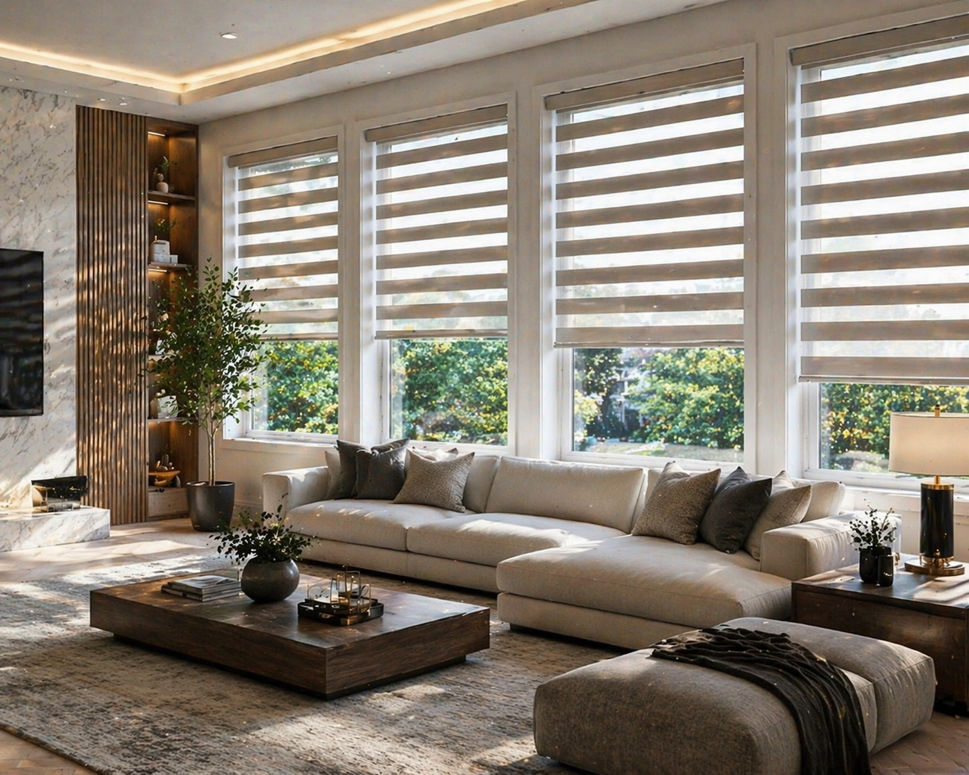 Zebra blinds installed in a living room